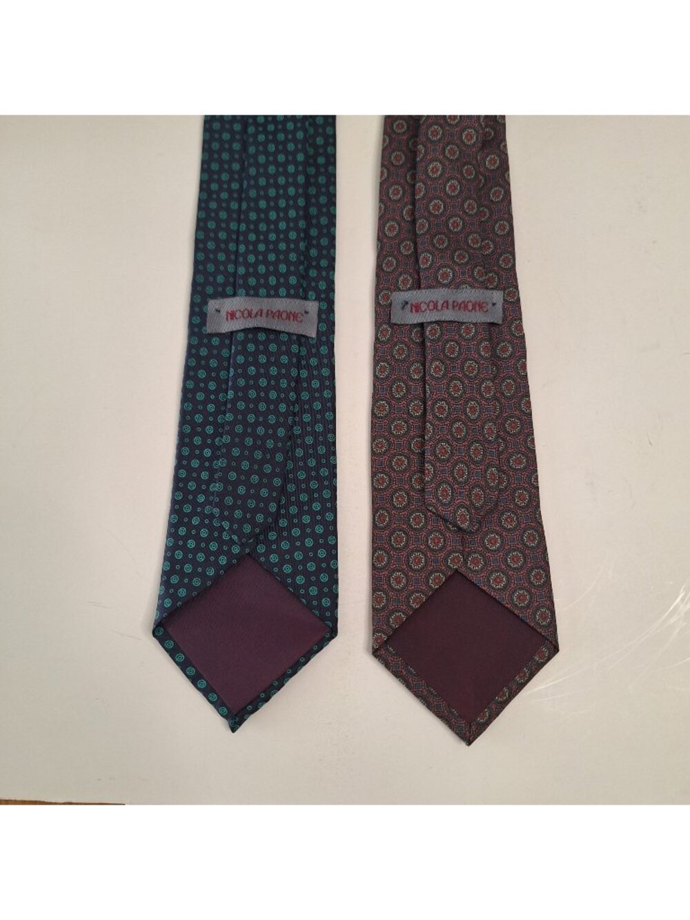 LOT OF (2) NICOLA PAONE 100% SILK HAND SEWN/MADE IN USA SKINNY NECKTIES EUC